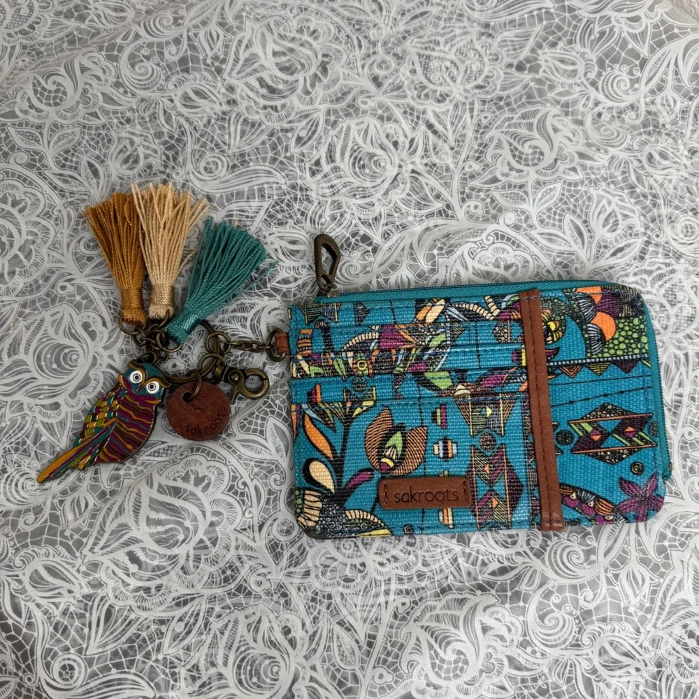 Sakroots Artist Circle ID Lanyard Wallet Teal Floral Owl Charm Tassel Boho